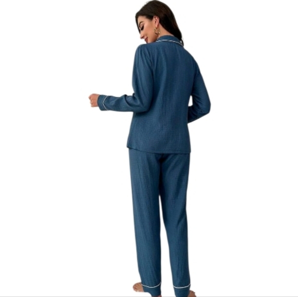 Blue Waffle Pajama Set with White Piping - Picture 3 of 3